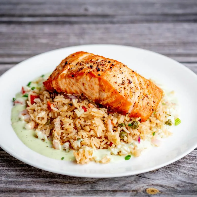 Seared salmon with crab fried rice